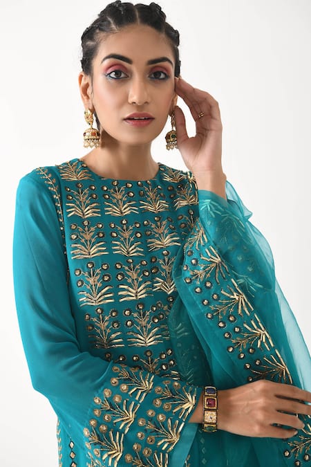 Buy_Pooja Rajgarhia Gupta_Blue Organza, Georgette Round Embroidered Kurta Set _Online_at_Aza_Fashions