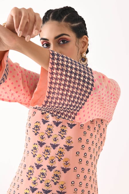Shop_Pooja Rajgarhia Gupta_Pink Organza, Crepe, Georgette Round Printed Kurta Set _Online_at_Aza_Fashions
