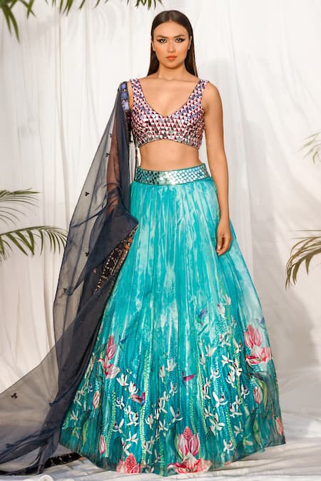 Turquoise Blue Designer Lehenga Set – Zari Banaras