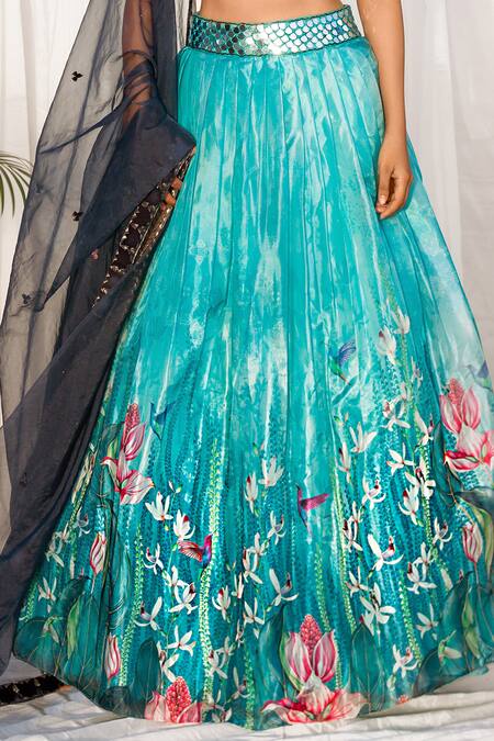 Shop Izzumi Mehta Blue Organza, Crepe Leaf Neck Printed Lehenga Set at Aza Fashions Shop_Izzumi Mehta_Blue Organza, Crepe Leaf Neck Printed Lehenga Set _at_Aza_Fashions