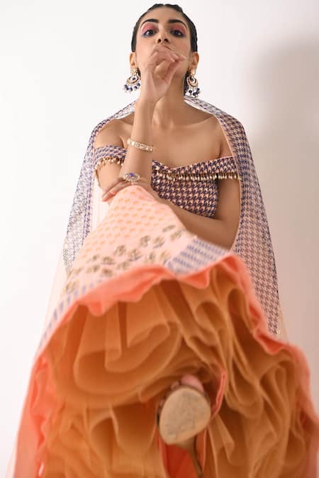 Pooja Rajgarhia Gupta_Green Organza, Georgette One Shoulder Printed Lehenga Set _Online_at_Aza_Fashions