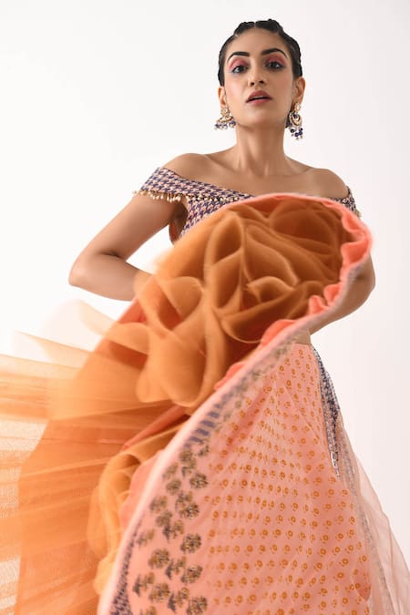 Buy_Pooja Rajgarhia Gupta_Green Organza, Georgette One Shoulder Printed Lehenga Set _Online_at_Aza_Fashions