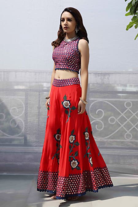 Shop_Pooja Rajgarhia Gupta_Red Crepe, Georgette Crop Top Round Cape Open Printed And Gharara Set _Online_at_Aza_Fashions