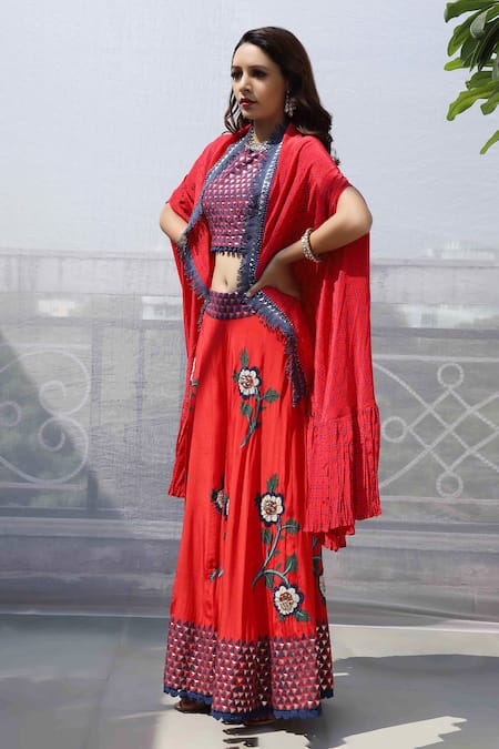 Buy_Pooja Rajgarhia Gupta_Red Crepe, Georgette Crop Top Round Cape Open Printed And Gharara Set _Online_at_Aza_Fashions