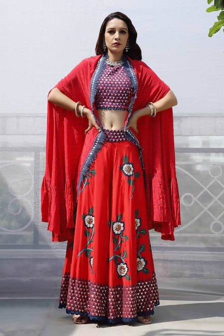 Pooja Rajgarhia Gupta_Red Crepe, Georgette Crop Top Round Cape Open Printed And Gharara Set _Online_at_Aza_Fashions