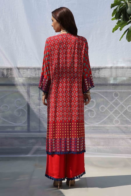 Shop Pooja Rajgarhia Gupta Red Crepe, Georgette Floral Round Geometric Print Kurta at Aza Fashions Shop_Pooja Rajgarhia Gupta_Red Crepe, Georgette Floral Round Geometric Print Kurta _at_Aza_Fashions