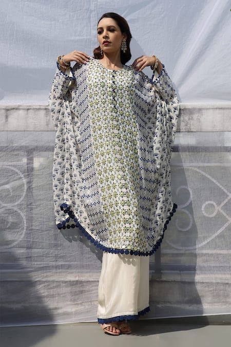 Buy_Pooja Rajgarhia Gupta_White Georgette Round Printed Kaftan Tunic And Pant Set _Online_at_Aza_Fashions