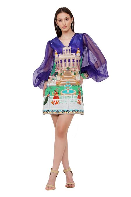 Limerick By Abirr N' Nanki Purple Crepe And Organza Palaces Of Indian Royals V Neck Izolaa Printed Dress 