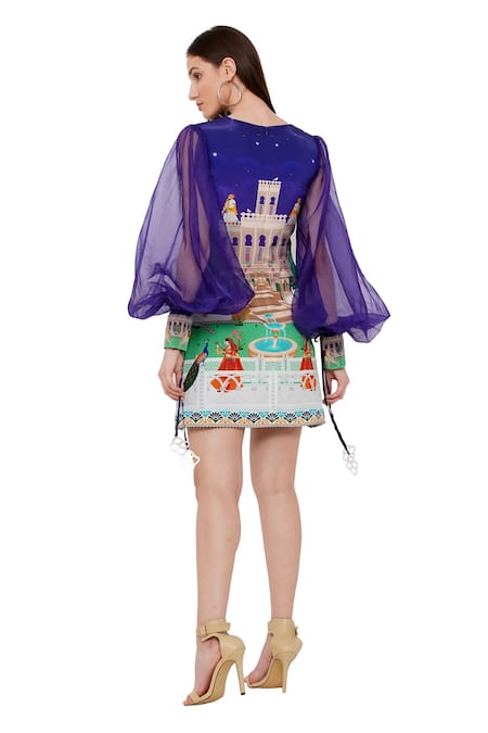 Shop_Limerick By Abirr N' Nanki_Purple Crepe And Organza Palaces Of Indian Royals V Neck Izolaa Printed Dress _at_Aza_Fashions