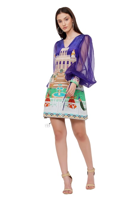 Limerick By Abirr N' Nanki_Purple Crepe And Organza Palaces Of Indian Royals V Neck Izolaa Printed Dress _Online_at_Aza_Fashions