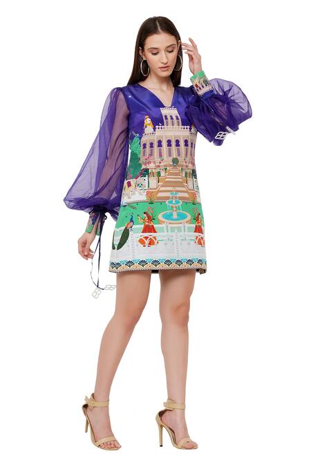 Shop_Limerick By Abirr N' Nanki_Purple Crepe And Organza Palaces Of Indian Royals V Neck Izolaa Printed Dress _Online_at_Aza_Fashions