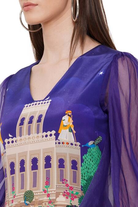 Limerick By Abirr N' Nanki_Purple Crepe And Organza Palaces Of Indian Royals V Neck Izolaa Printed Dress _at_Aza_Fashions