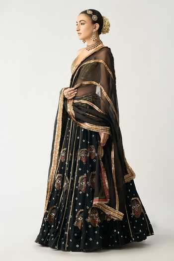Itrh_Black Linen, Silk Organza, Lampi, Lining Reshma Bandhani Kala Lehenga Set_Online_at_Aza_Fashions