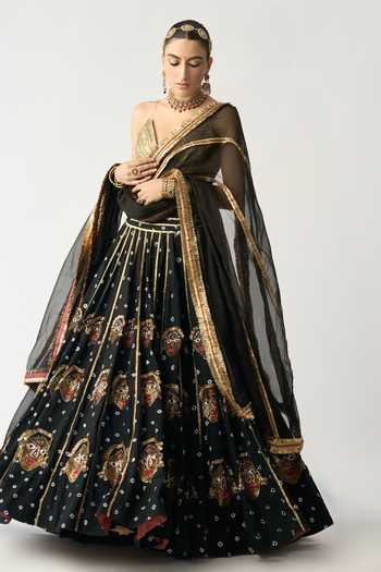 Buy_Itrh_Black Linen, Silk Organza, Lampi, Lining Reshma Bandhani Kala Lehenga Set_Online_at_Aza_Fashions