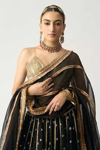 Shop_Itrh_Black Linen, Silk Organza, Lampi, Lining Reshma Bandhani Kala Lehenga Set_Online_at_Aza_Fashions