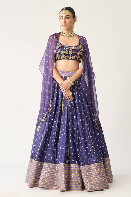 Itrh Blue Silk Chanderi Bandhani Round Beenu Jamuni Lehenga Set