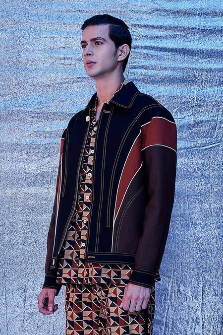 Buy_Line Out Line_Multi Color Cotton Patch Work And Embroidered Arch Pattern & Block Bomber Jacket_Online_at_Aza_Fashions