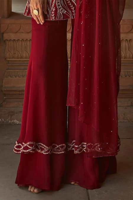 Buy Charu And Vasundhara Red Kurta And Dupatta- Net, Sharara- Organza Round Embellished Set Online at Aza Fashions Buy_Charu And Vasundhara_Red Kurta And Dupatta- Net, Sharara- Organza Round Embellished Set _Online_at_Aza_Fashions