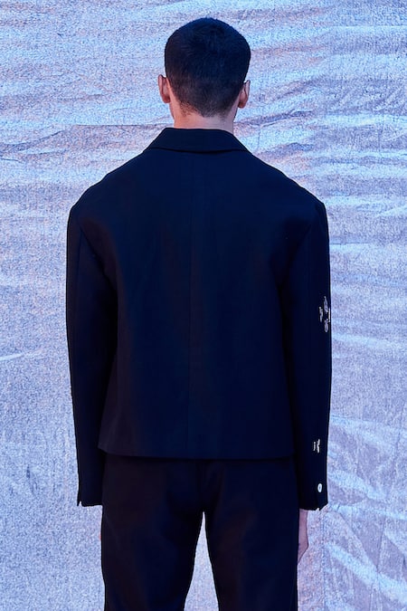 Shop_Line Out Line_Black Cotton Embroidered Cut Dana Work Crop Blazer_Online_at_Aza_Fashions