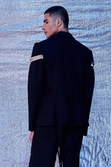 Line Out Line_Black Cotton Embroidered Sequin And Patch Work Arch Panelled Jacket_Online_at_Aza_Fashions