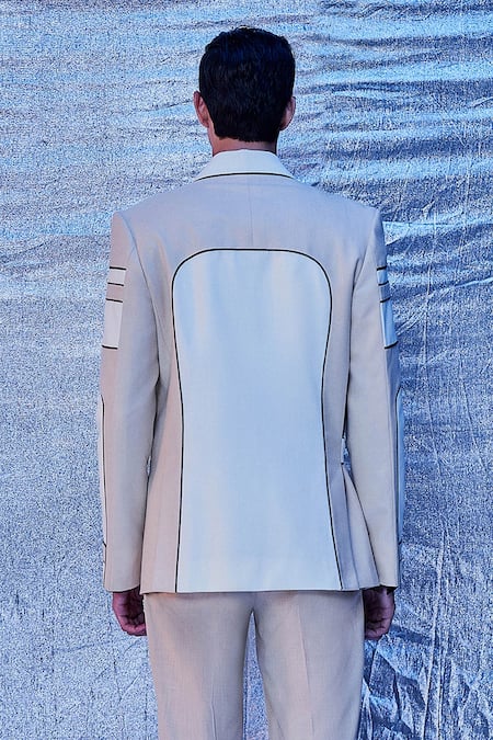 Line Out Line_Cream Cotton Embroidered Patch Work And Piping Color Black Tie-up Blazer_Online_at_Aza_Fashions