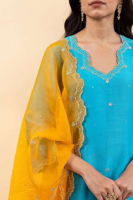 Pita Nila_Blue Chanderi, Silk Organza Embroidery, Beads V-neck Isla Kurta Set _Online_at_Aza_Fashions