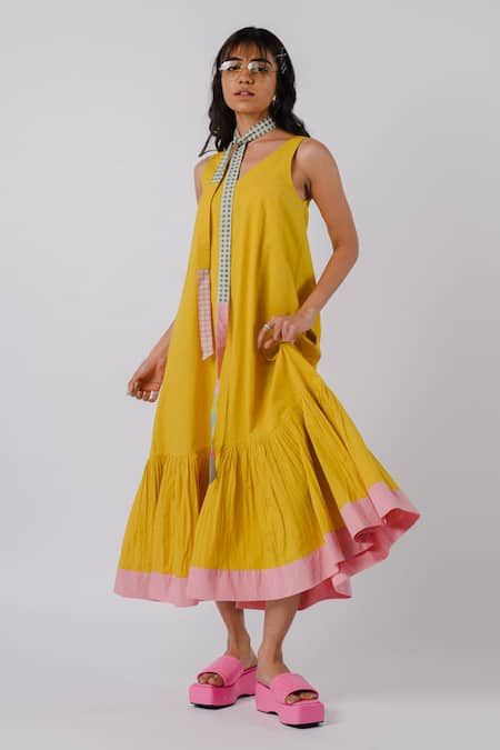 Buy Tussah By Siddhi Shah Yellow Cotton V-neck Tiered Dress Online at Aza Fashions Buy_Tussah By Siddhi Shah_Yellow Cotton V-neck Tiered Dress _Online_at_Aza_Fashions