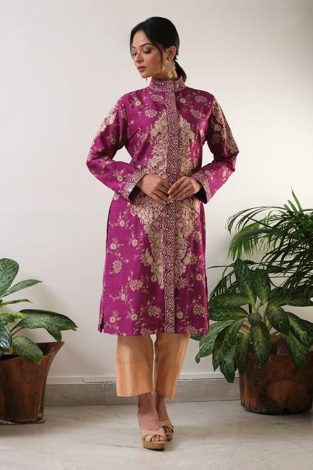Aditi Somani_Purple Raw Silk Aari Work Straight Collar Jacket Kurta And Pant Set_Online_at_Aza_Fashions