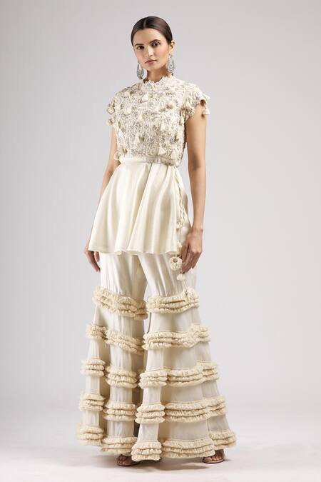 Buy J By Jannat White Chanderi Round Embroidered Kurta And Sharara Set Online at Aza Fashions Buy_J By Jannat_White Chanderi Round Embroidered Kurta And Sharara Set _Online_at_Aza_Fashions