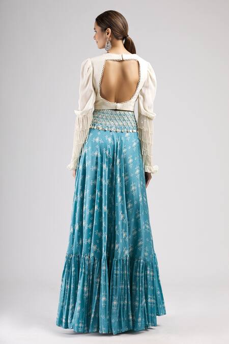 Shop J By Jannat Blue Cotton Notched Round Neck Printed Lehenga Set at Aza Fashions Shop_J By Jannat_Blue Cotton Notched Round Neck Printed Lehenga Set _at_Aza_Fashions