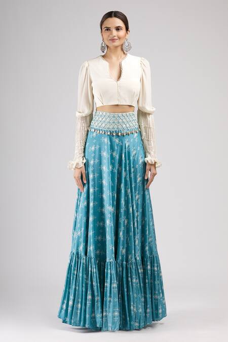 J By Jannat Blue Cotton Notched Round Neck Printed Lehenga Set Online at Aza Fashions J By Jannat_Blue Cotton Notched Round Neck Printed Lehenga Set _Online_at_Aza_Fashions