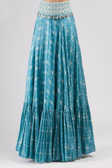 Shop J By Jannat Blue Cotton Notched Round Neck Printed Lehenga Set Online at Aza Fashions Shop_J By Jannat_Blue Cotton Notched Round Neck Printed Lehenga Set _Online_at_Aza_Fashions