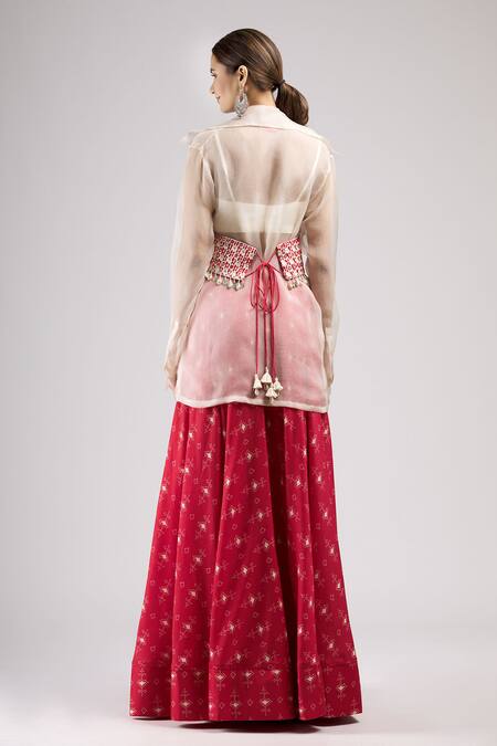 Shop_J By Jannat_Red Cotton, Organza Blouse Scoop Jacket Flat Collar And Printed Lehenga Set _at_Aza_Fashions