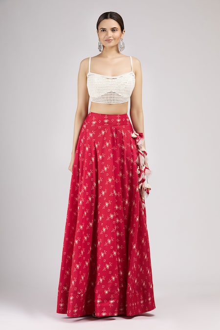 J By Jannat_Red Cotton, Organza Blouse Scoop Jacket Flat Collar And Printed Lehenga Set _Online_at_Aza_Fashions