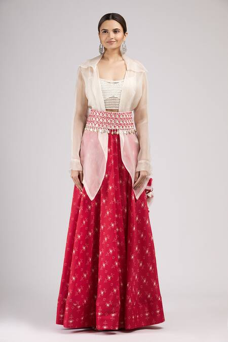 Buy_J By Jannat_Red Cotton, Organza Blouse Scoop Jacket Flat Collar And Printed Lehenga Set _Online_at_Aza_Fashions