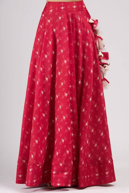 Shop_J By Jannat_Red Cotton, Organza Blouse Scoop Jacket Flat Collar And Printed Lehenga Set _Online_at_Aza_Fashions