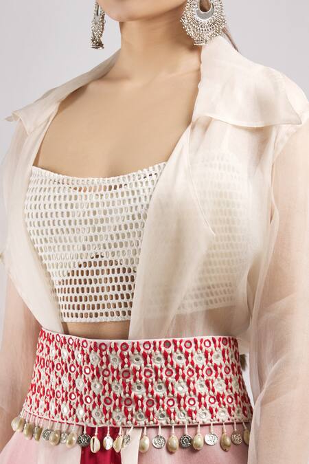 J By Jannat_Red Cotton, Organza Blouse Scoop Jacket Flat Collar And Printed Lehenga Set _at_Aza_Fashions