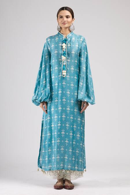 J By Jannat_Blue Cotton Band Collar Printed Kurta _Online_at_Aza_Fashions