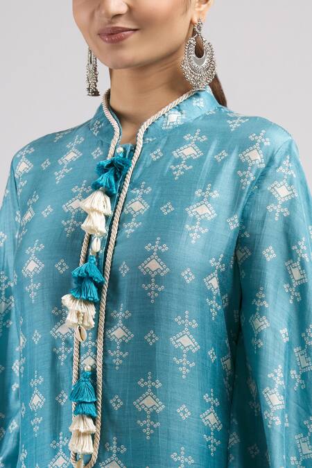 Shop_J By Jannat_Blue Cotton Band Collar Printed Kurta _Online_at_Aza_Fashions