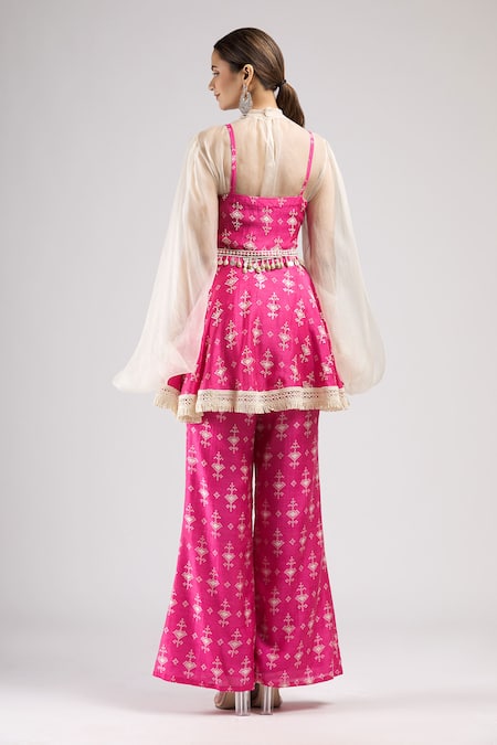 Shop_J By Jannat_Pink Cotton Tunic Scoop Top Band Collar Organza And Printed Pant Set  _at_Aza_Fashions