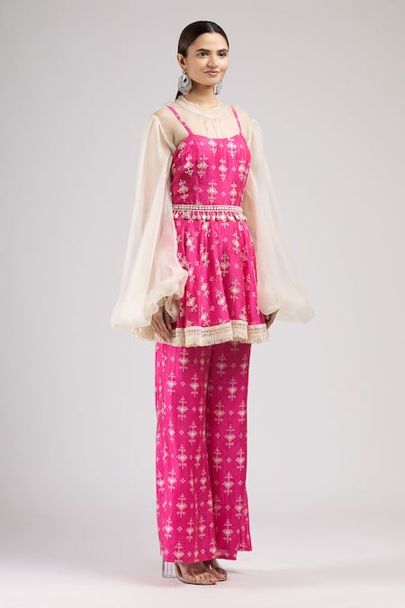 J By Jannat_Pink Cotton Tunic Scoop Top Band Collar Organza And Printed Pant Set  _Online_at_Aza_Fashions