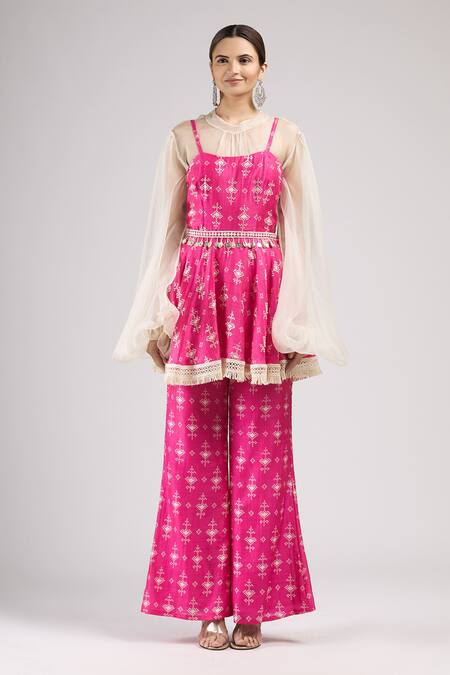 Buy_J By Jannat_Pink Cotton Tunic Scoop Top Band Collar Organza And Printed Pant Set  _Online_at_Aza_Fashions