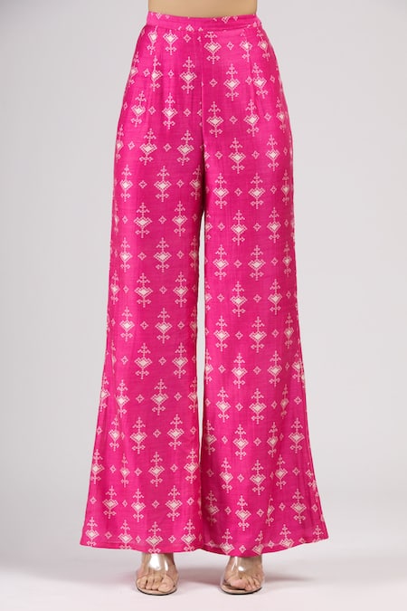 Shop_J By Jannat_Pink Cotton Tunic Scoop Top Band Collar Organza And Printed Pant Set  _Online_at_Aza_Fashions