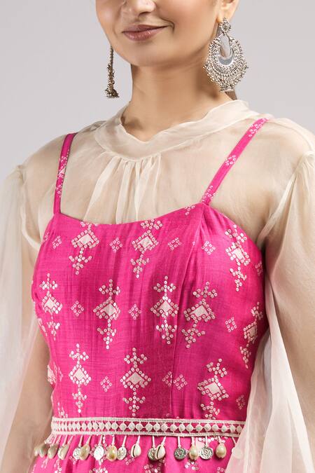 J By Jannat_Pink Cotton Tunic Scoop Top Band Collar Organza And Printed Pant Set  _at_Aza_Fashions