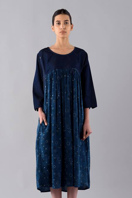 Buy Blue Cotton Round Temari Hand Block Print Dyed Midi Dress For Women ...