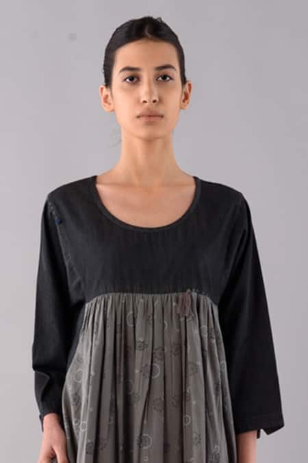 Shop_JAYATI GOENKA_Black , Denim Lining Temari Hand Block Print Dyed Midi Dress _Online_at_Aza_Fashions