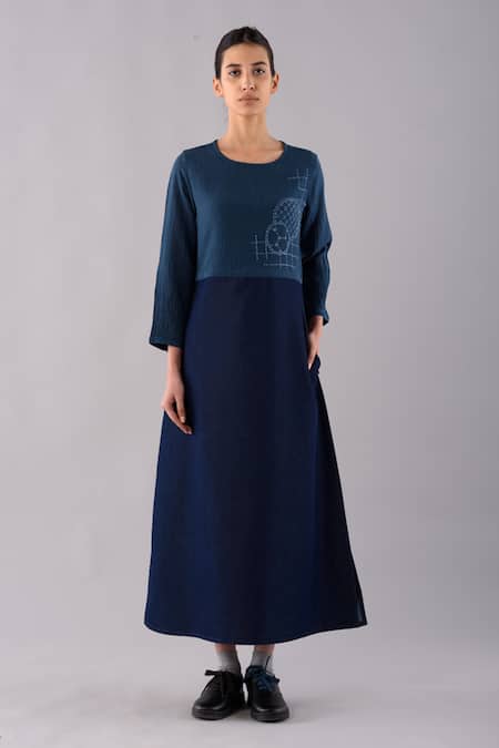 JAYATI GOENKA_Blue Denim, Cotton Linen Round Flared Shashiko Midi Dress _Online_at_Aza_Fashions