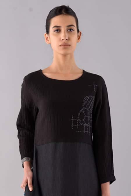 Buy_JAYATI GOENKA_Black Denim, Cotton Linen Round Dyed Shashiko Midi Dress _Online_at_Aza_Fashions