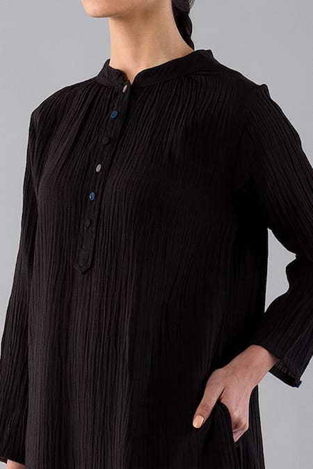 Buy_JAYATI GOENKA_Black Cotton Linen Band Collar Dyed Kurta _Online_at_Aza_Fashions