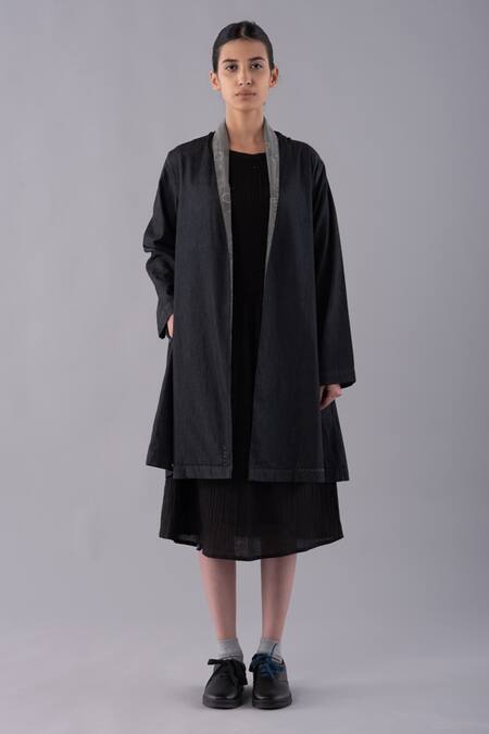 Buy_JAYATI GOENKA_Black Cotton, Denim Shawl Collar Hand Block Print Dyed Jacket _Online_at_Aza_Fashions